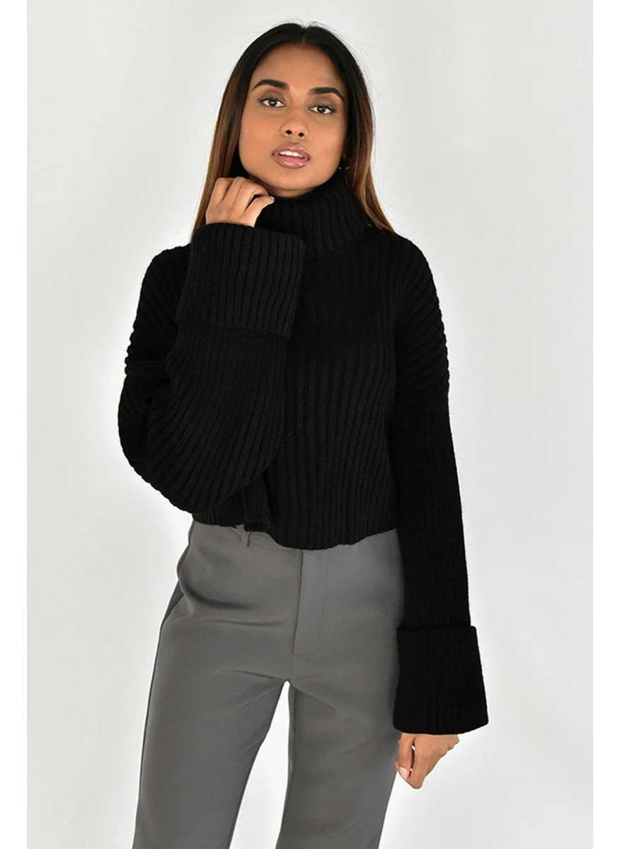 Tena Women's Black Sleeve Folded Full Fisherman Crop Knitwear Sweater