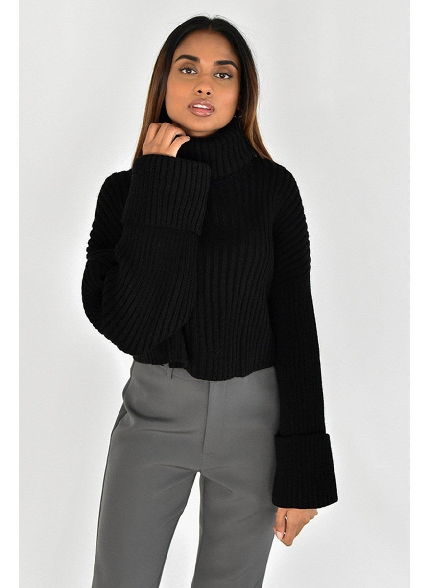 Tena Women's Black Sleeve Folded Full Fisherman Crop Knitwear Sweater  - Image 2