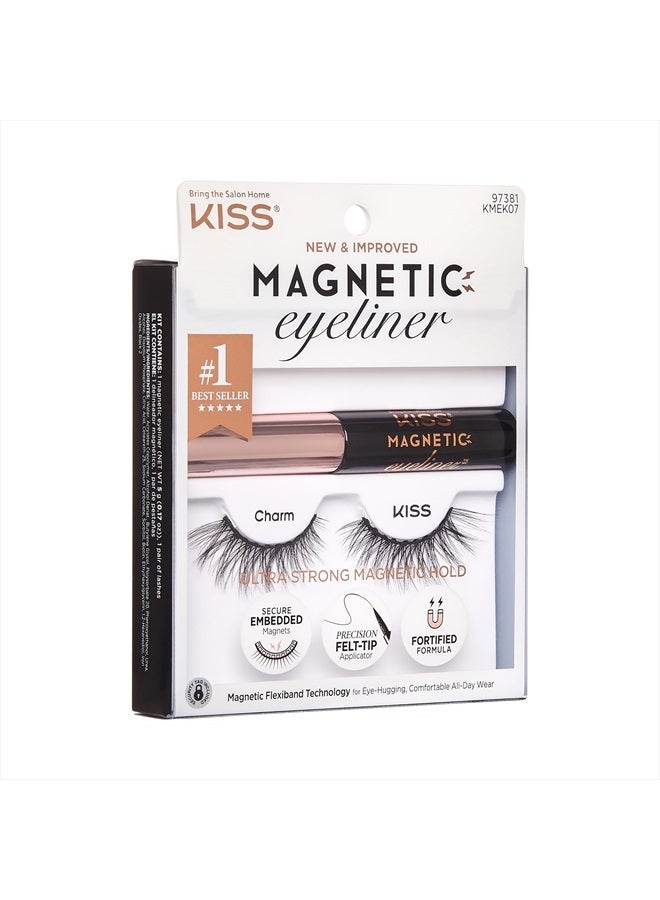 KISS Magnetic Eyeliner & Lash Kit, Charm, 1 Pair of Synthetic False Eyelashes With 5 Double Strength Magnets and Smudge Proof, Biotin Infused Black Magnetic Eyeliner with Precision Tip Brush  - Image 2