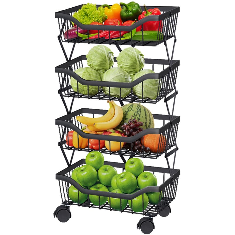 Newzealkids Fruit Basket for Kitchen 4 Tier Stackable Fruit Vegetable Storage Baskets with Wheels Metal Wire Storage Basket Organizer Cart for Kitchen Livingroom Diningroom Office, Black - Image 1