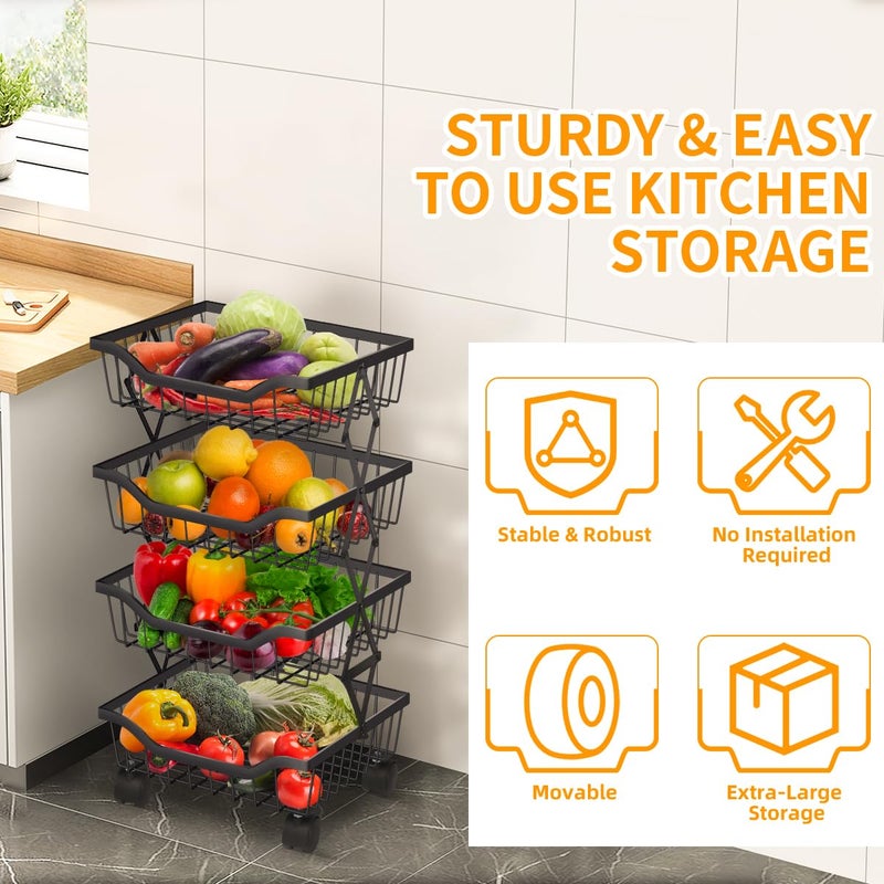 Newzealkids Fruit Basket for Kitchen 4 Tier Stackable Fruit Vegetable Storage Baskets with Wheels Metal Wire Storage Basket Organizer Cart for Kitchen Livingroom Diningroom Office, Black - Image 3