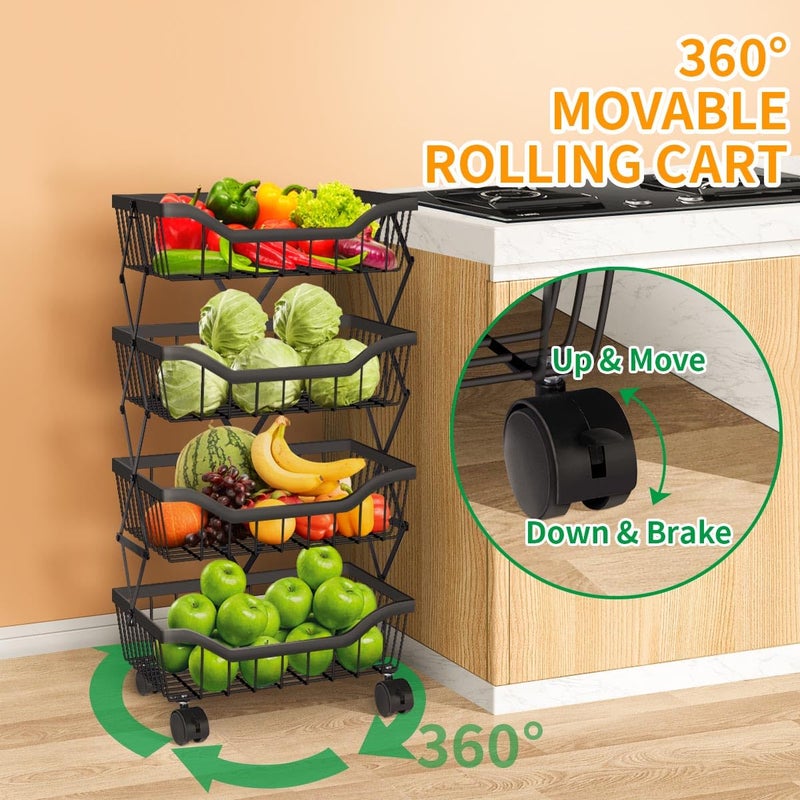 Newzealkids Fruit Basket for Kitchen 4 Tier Stackable Fruit Vegetable Storage Baskets with Wheels Metal Wire Storage Basket Organizer Cart for Kitchen Livingroom Diningroom Office, Black - Image 2