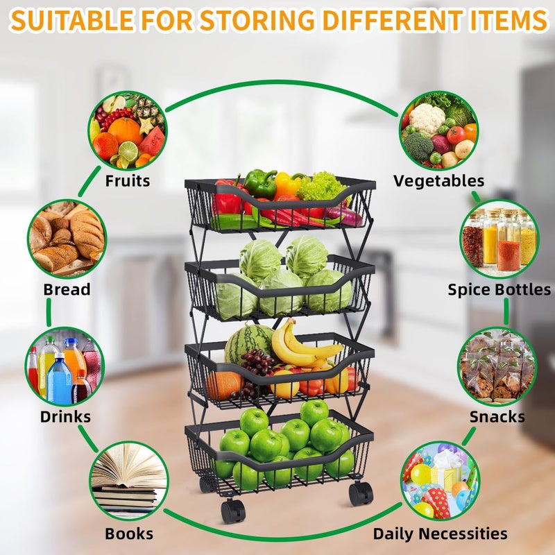 Newzealkids Fruit Basket for Kitchen 4 Tier Stackable Fruit Vegetable Storage Baskets with Wheels Metal Wire Storage Basket Organizer Cart for Kitchen Livingroom Diningroom Office, Black - Image 5