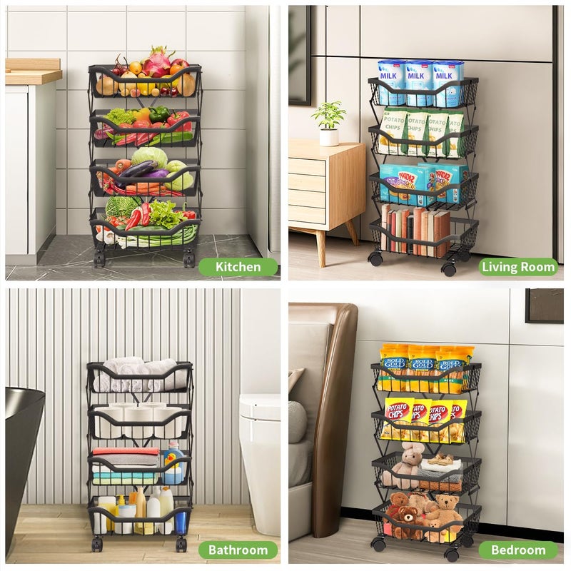 Newzealkids Fruit Basket for Kitchen 4 Tier Stackable Fruit Vegetable Storage Baskets with Wheels Metal Wire Storage Basket Organizer Cart for Kitchen Livingroom Diningroom Office, Black - Image 4