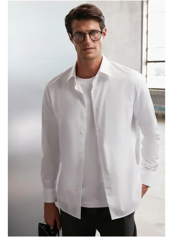GRIMELANGE Carlsten Men's Slim Fit Italian Collar 100% Cotton Poplin White Shirt
