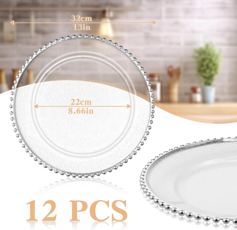 Hoolerry 12 Pack Clear Charger Plates Bulk 13 Inch Plastic Round Beaded Dinner Chargers Acrylic Frosted Grain Decorative Service Plates for Wedding Party Event Home and Kitchen Tabletop Silver - Image 2