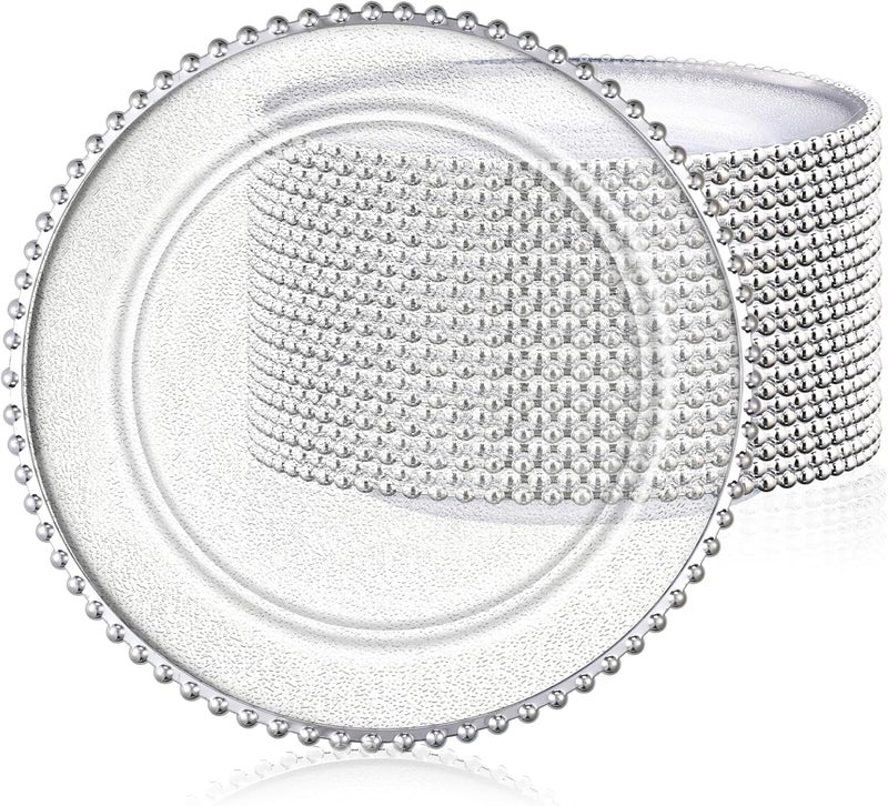 Hoolerry 12 Pack Clear Charger Plates Bulk 13 Inch Plastic Round Beaded Dinner Chargers Acrylic Frosted Grain Decorative Service Plates for Wedding Party Event Home and Kitchen Tabletop Silver - Image 1