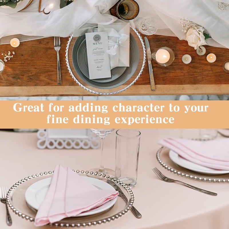 Hoolerry 12 Pack Clear Charger Plates Bulk 13 Inch Plastic Round Beaded Dinner Chargers Acrylic Frosted Grain Decorative Service Plates for Wedding Party Event Home and Kitchen Tabletop Silver - Image 4