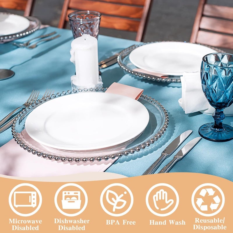 Hoolerry 12 Pack Clear Charger Plates Bulk 13 Inch Plastic Round Beaded Dinner Chargers Acrylic Frosted Grain Decorative Service Plates for Wedding Party Event Home and Kitchen Tabletop Silver - Image 3