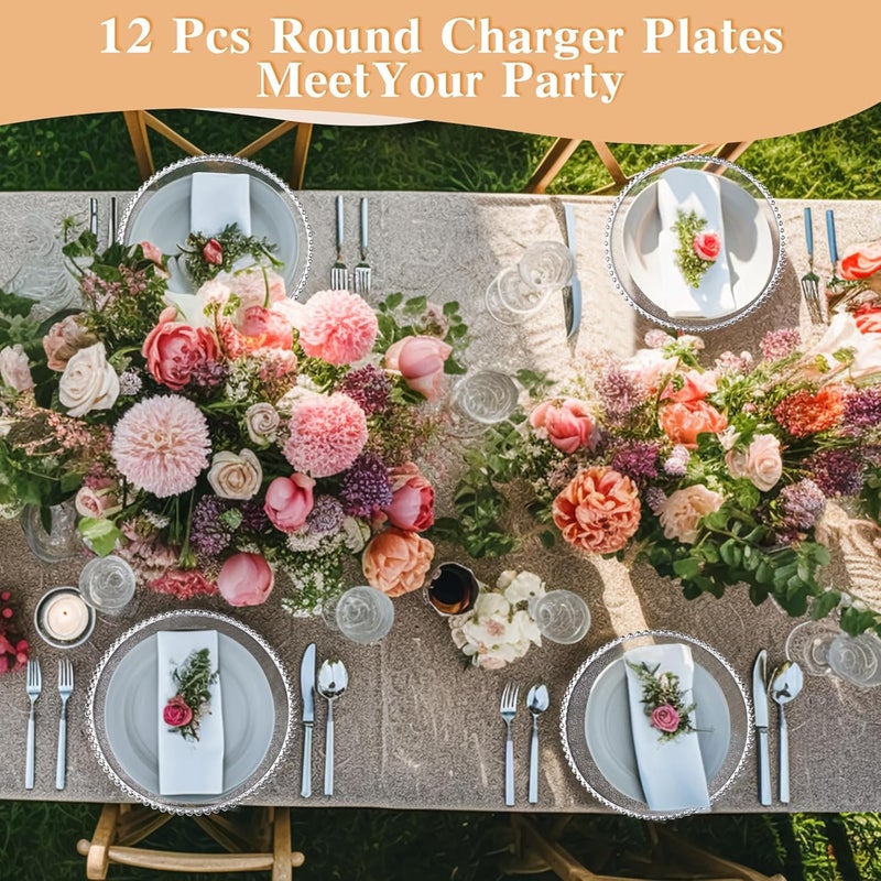 Hoolerry 12 Pack Clear Charger Plates Bulk 13 Inch Plastic Round Beaded Dinner Chargers Acrylic Frosted Grain Decorative Service Plates for Wedding Party Event Home and Kitchen Tabletop Silver - Image 5