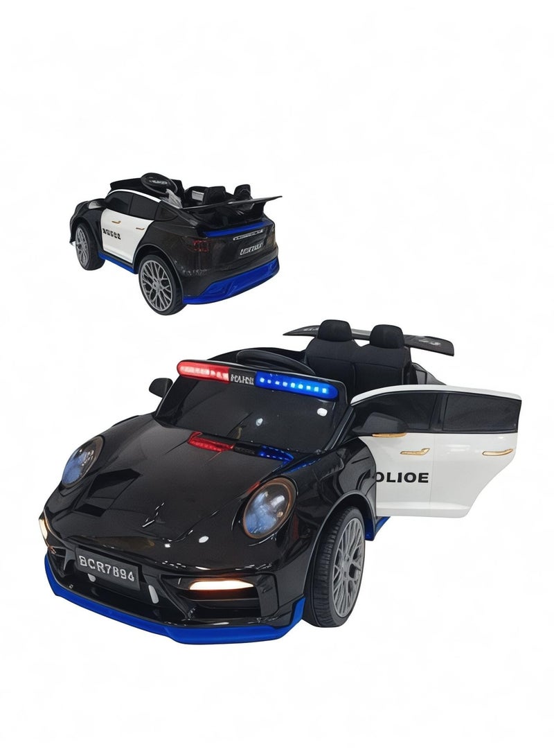 Electric car for children with two motors and a 12-volt battery with openable doors, lights, rocking mode, music USB-AUX, remote control, and a police alarm for an exciting and fun driving experience.