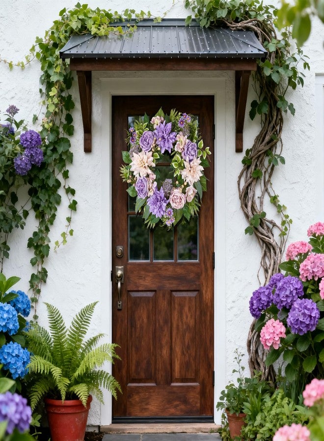 MDSTBN 24 Inch Spring Summer Wreath for Front Door with Roses Dahlias Silk Flowers with Berry Greenery for All Seasons Indoor Outdoor Porch Wedding Wall Farmhouse Living Room Home Decor - Image 4