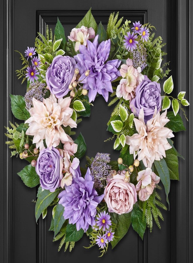 MDSTBN 24 Inch Spring Summer Wreath for Front Door with Roses Dahlias Silk Flowers with Berry Greenery for All Seasons Indoor Outdoor Porch Wedding Wall Farmhouse Living Room Home Decor - Image 1