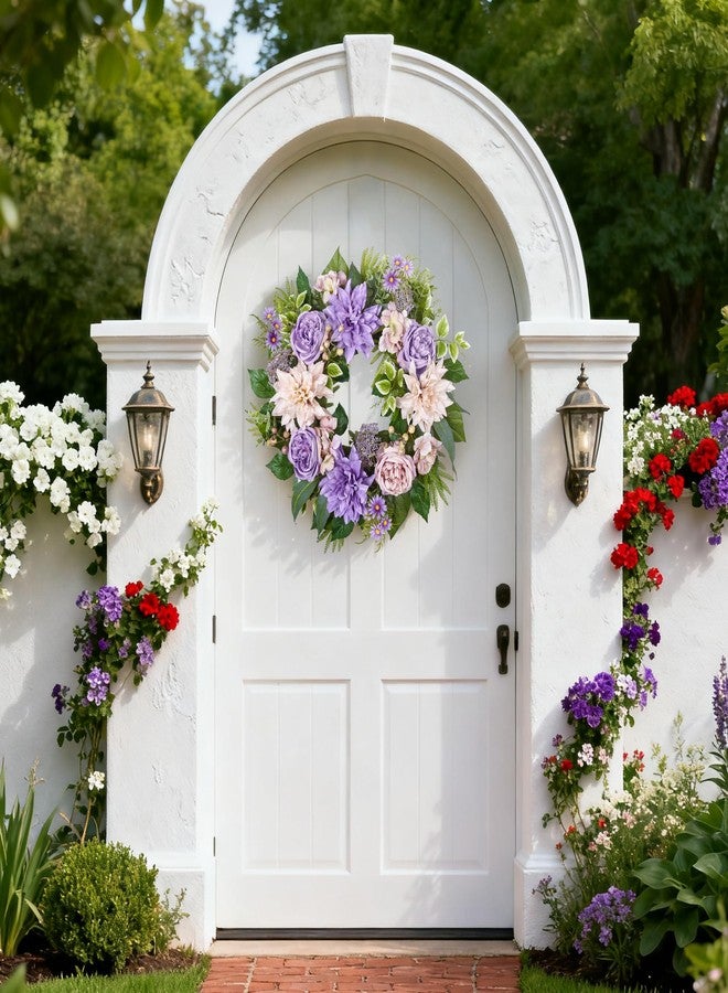 MDSTBN 24 Inch Spring Summer Wreath for Front Door with Roses Dahlias Silk Flowers with Berry Greenery for All Seasons Indoor Outdoor Porch Wedding Wall Farmhouse Living Room Home Decor - Image 5