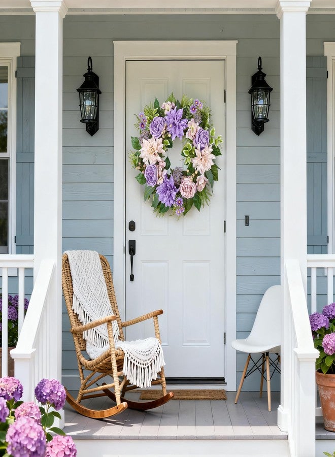 MDSTBN 24 Inch Spring Summer Wreath for Front Door with Roses Dahlias Silk Flowers with Berry Greenery for All Seasons Indoor Outdoor Porch Wedding Wall Farmhouse Living Room Home Decor - Image 2