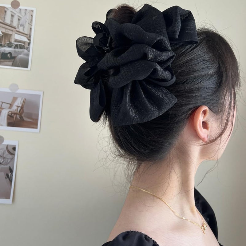 Wiwpar Large Chiffon Silk Hair Clips Bow Banana Hair Clips Ponytail Holder Claw Clip Claw Jaw Clamps Clips French Barrettes Halloween Hair Accessories for Women Girls (Black) - Image 1