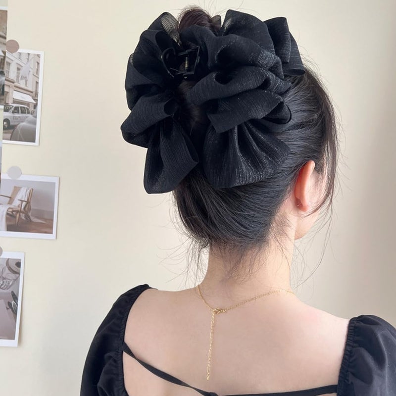 Wiwpar Large Chiffon Silk Hair Clips Bow Banana Hair Clips Ponytail Holder Claw Clip Claw Jaw Clamps Clips French Barrettes Halloween Hair Accessories for Women Girls (Black) - Image 2