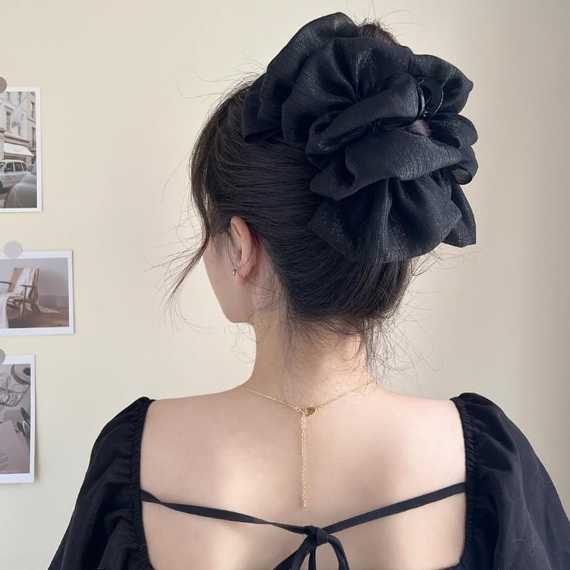 Wiwpar Large Chiffon Silk Hair Clips Bow Banana Hair Clips Ponytail Holder Claw Clip Claw Jaw Clamps Clips French Barrettes Halloween Hair Accessories for Women Girls (Black) - Image 3