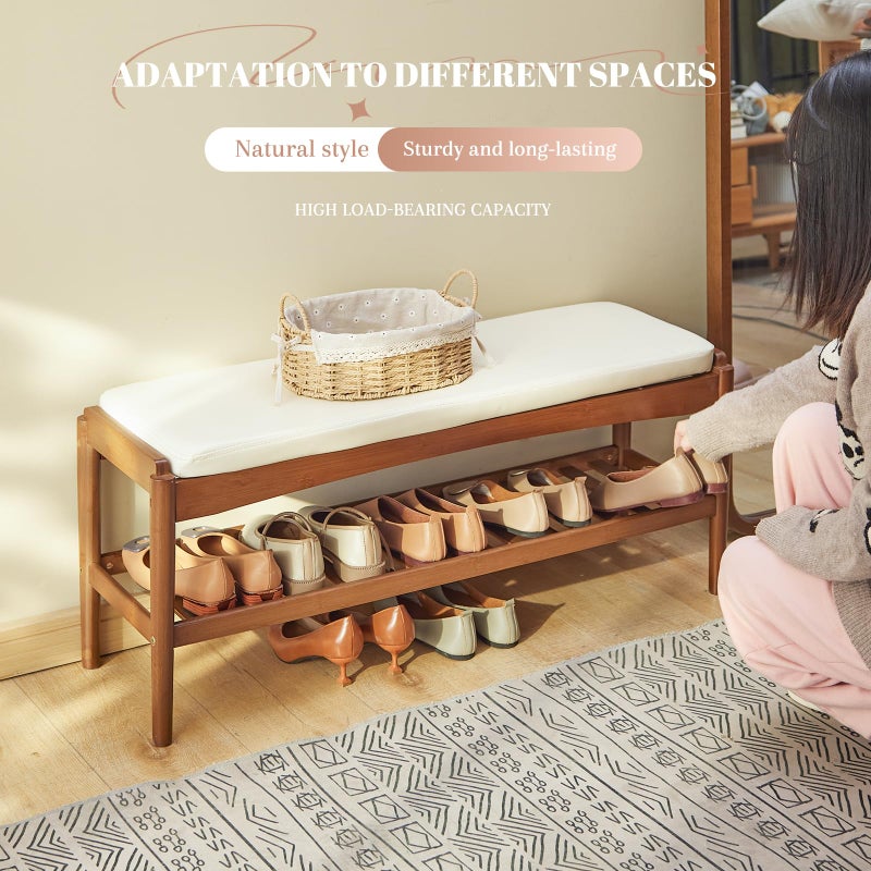 STDDRE Shoe Rack Bench Entryway Bamboo Shoe Storage Bench with Leather Cushion 2 Tiers Shoe Rack Entryway Bench for Hallway, Living Room,Bedroom(Beige Bench top+Brown Frame) - Image 4