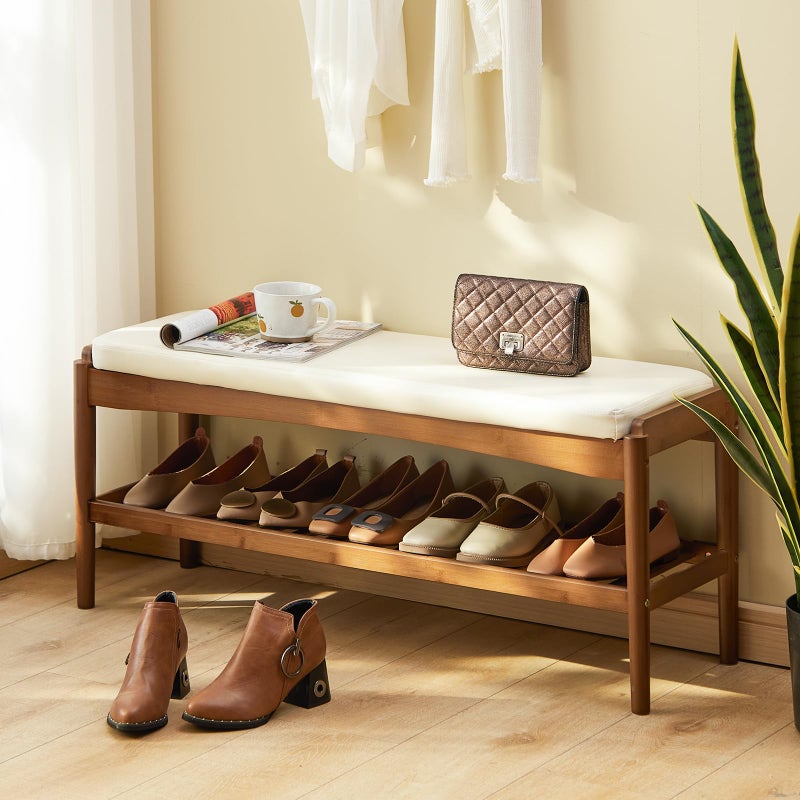 STDDRE Shoe Rack Bench Entryway Bamboo Shoe Storage Bench with Leather Cushion 2 Tiers Shoe Rack Entryway Bench for Hallway, Living Room,Bedroom(Beige Bench top+Brown Frame) - Image 1