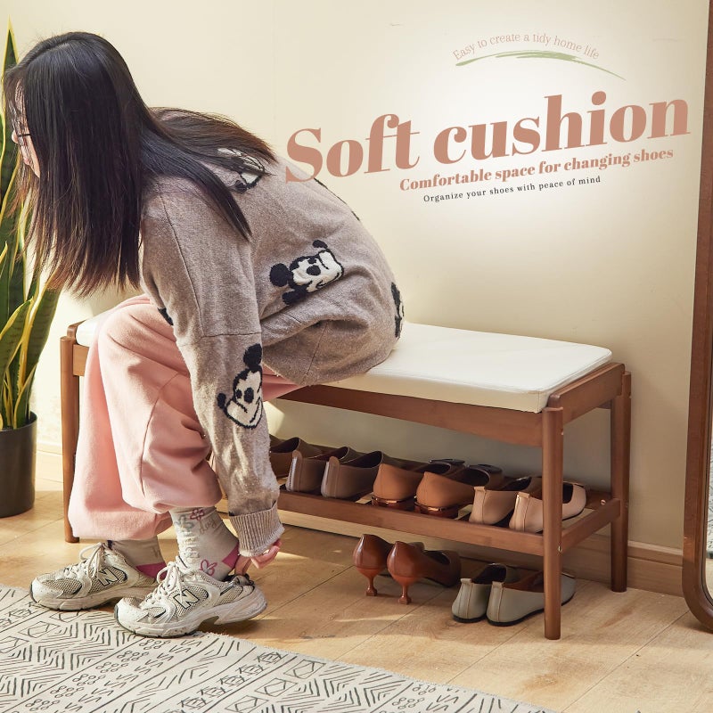 STDDRE Shoe Rack Bench Entryway Bamboo Shoe Storage Bench with Leather Cushion 2 Tiers Shoe Rack Entryway Bench for Hallway, Living Room,Bedroom(Beige Bench top+Brown Frame) - Image 3