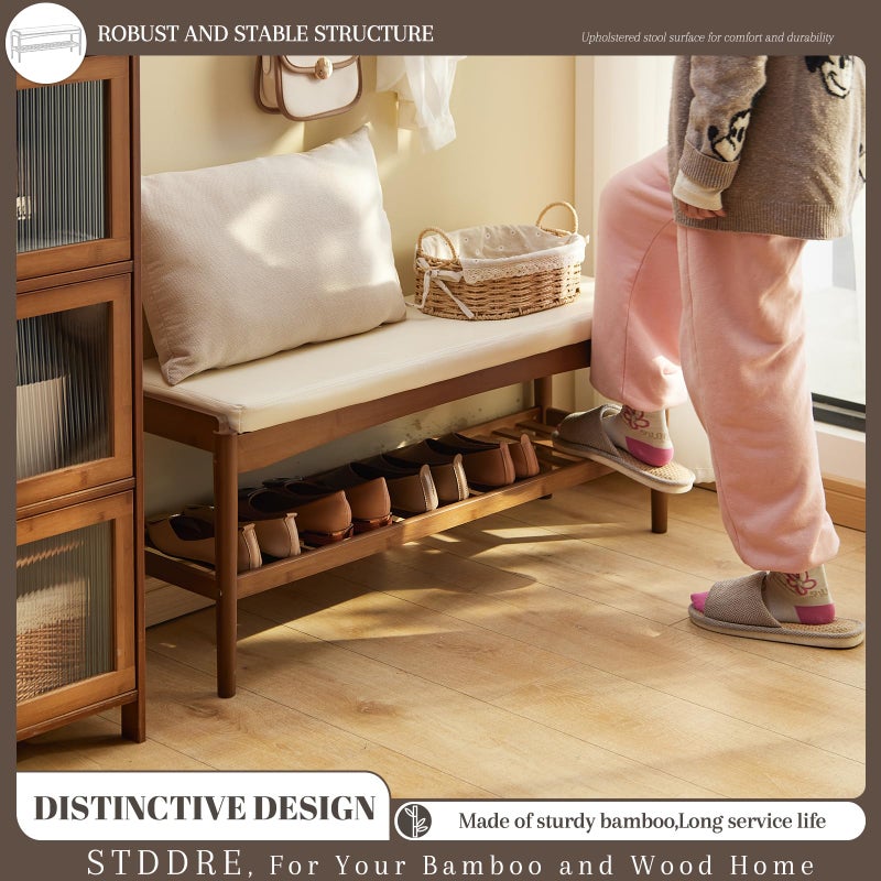 STDDRE Shoe Rack Bench Entryway Bamboo Shoe Storage Bench with Leather Cushion 2 Tiers Shoe Rack Entryway Bench for Hallway, Living Room,Bedroom(Beige Bench top+Brown Frame) - Image 2