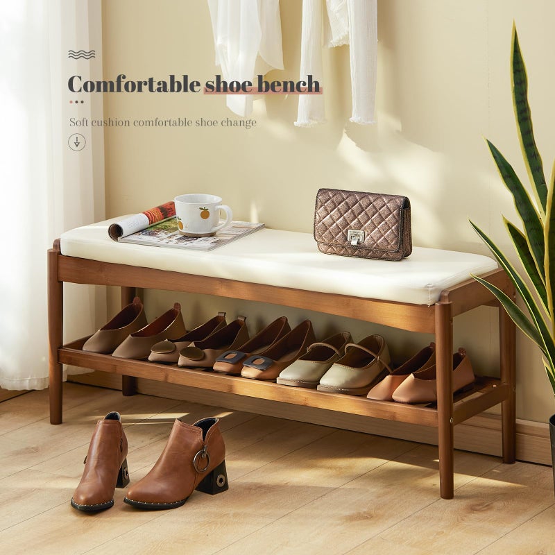 STDDRE Shoe Rack Bench Entryway Bamboo Shoe Storage Bench with Leather Cushion 2 Tiers Shoe Rack Entryway Bench for Hallway, Living Room,Bedroom(Beige Bench top+Brown Frame) - Image 5