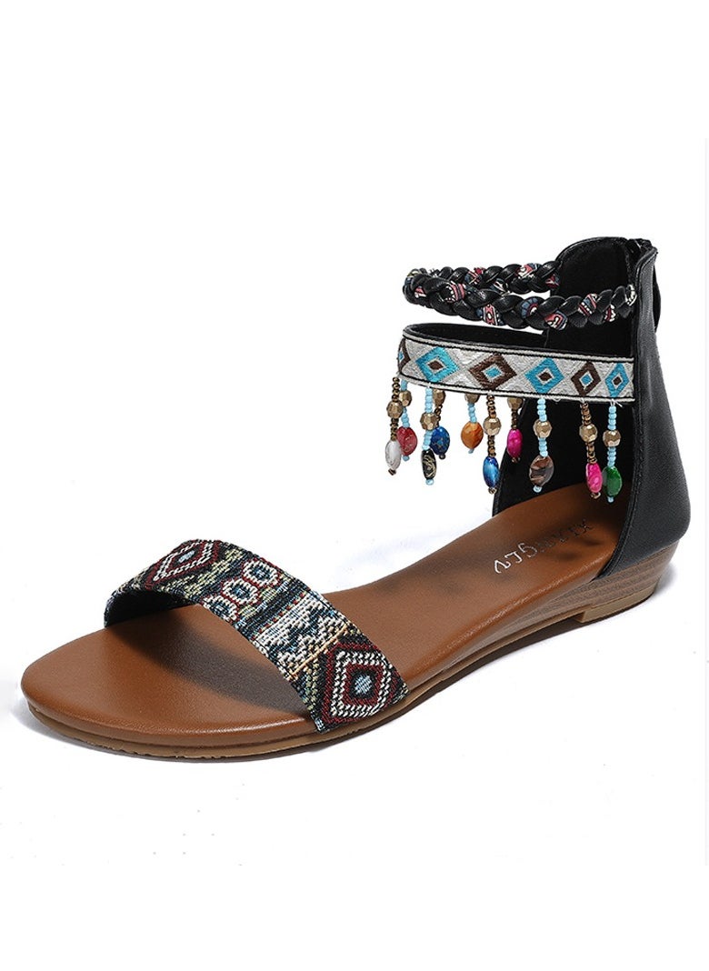 SIKETU 2025 New Handmade Beaded Zipper Ethnic Flat Bottom Roman Sandals  - Image 1