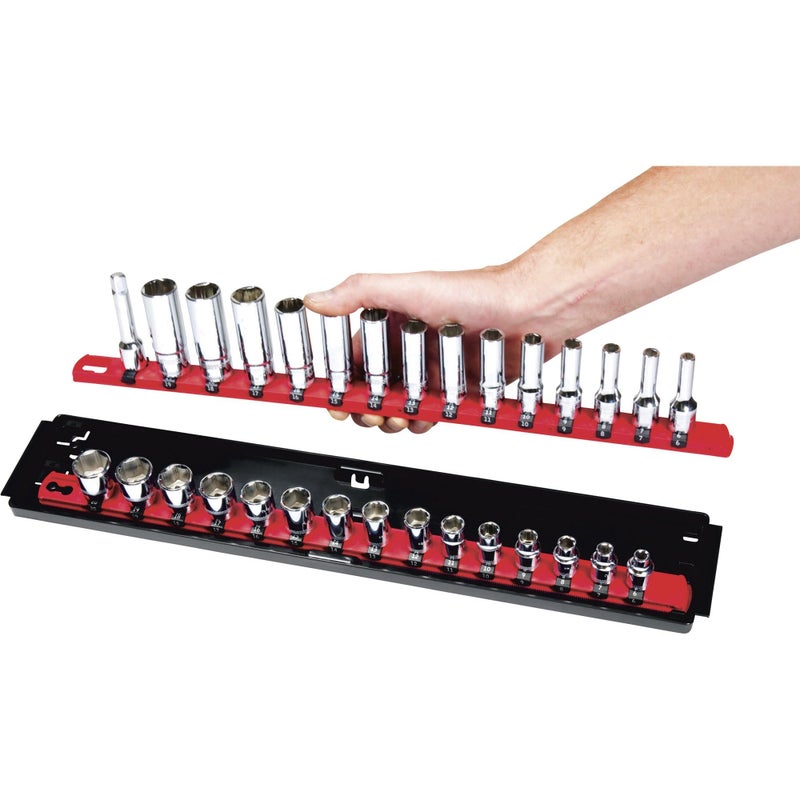 Ernst Manufacturing Heavy Duty Socket Organizer with Tray - Ernst Manufacturing 19-Inch Socket Boss 2-Row, 1/4-Inch-Drive Twist Lock Socket Holder, SAE, METRIC, Red (8452) - Automotive Industry - Made in USA - Image 2