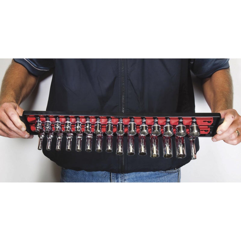 Ernst Manufacturing Heavy Duty Socket Organizer with Tray - Ernst Manufacturing 19-Inch Socket Boss 2-Row, 1/4-Inch-Drive Twist Lock Socket Holder, SAE, METRIC, Red (8452) - Automotive Industry - Made in USA - Image 4