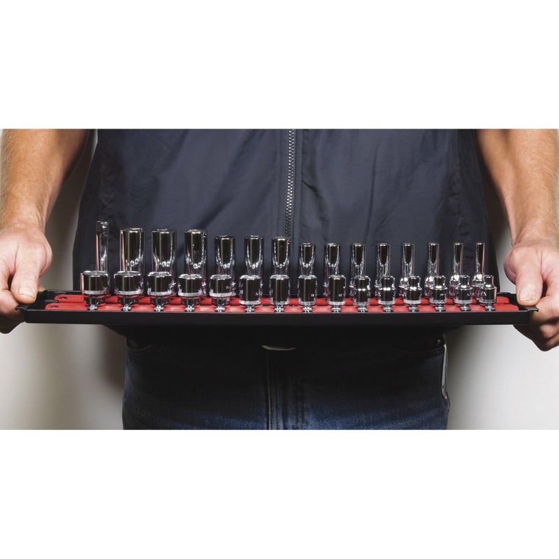Ernst Manufacturing Heavy Duty Socket Organizer with Tray - Ernst Manufacturing 19-Inch Socket Boss 2-Row, 1/4-Inch-Drive Twist Lock Socket Holder, SAE, METRIC, Red (8452) - Automotive Industry - Made in USA - Image 3