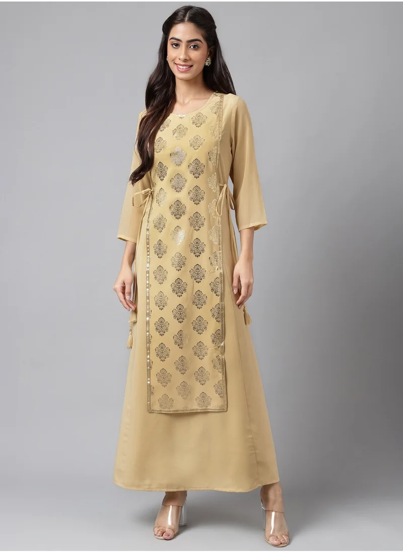 kolaba Beige Printed A-Line Kurta Long