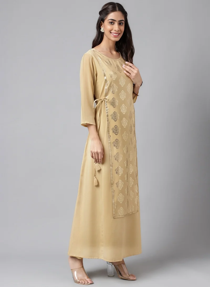 kolaba Beige Printed A-Line Kurta Long