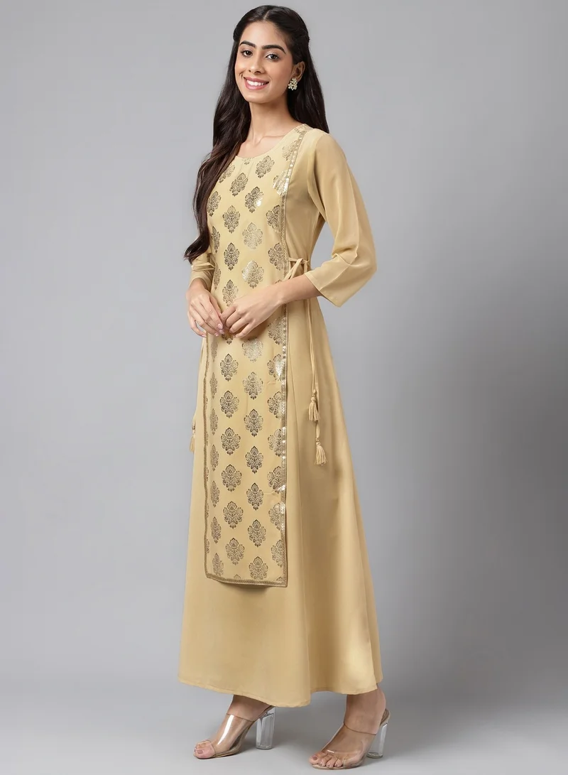 kolaba Beige Printed A-Line Kurta Long