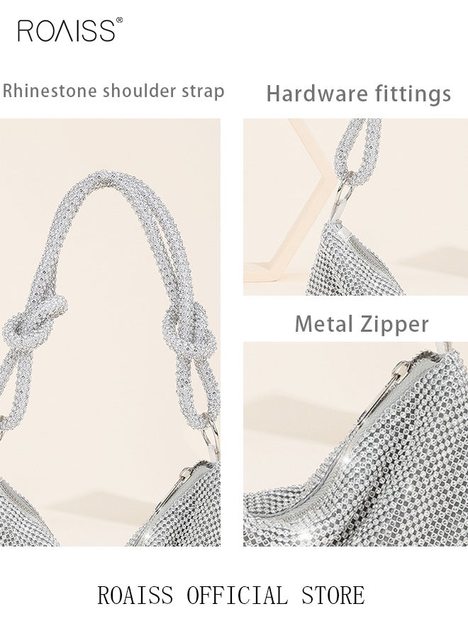 roaiss Women's Crystal Diamond Underarm Bag Shiny Knotted Bag Strap Evening Bag Ladies Trendy Party Handbag Silver Elegant Shoulder Bag Clutch with Smooth Zipper  - Image 3