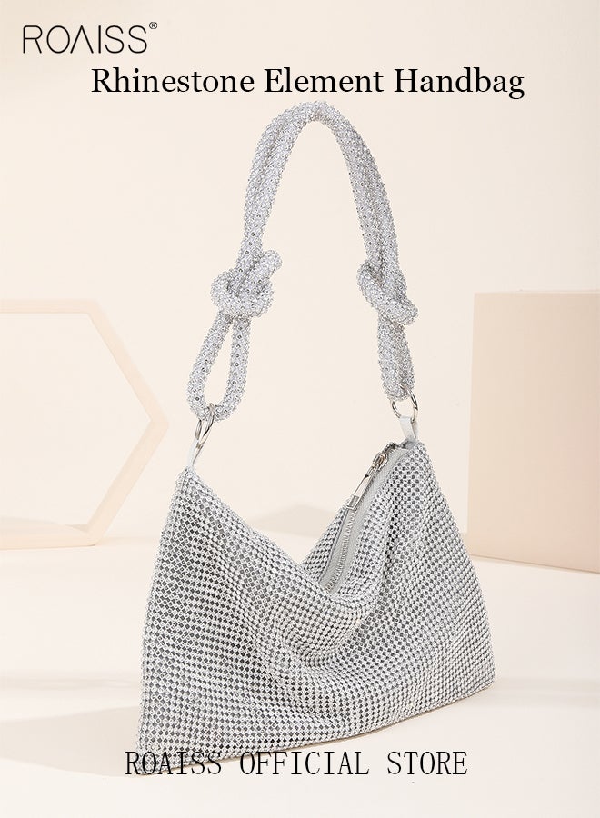 roaiss Women's Crystal Diamond Underarm Bag Shiny Knotted Bag Strap Evening Bag Ladies Trendy Party Handbag Silver Elegant Shoulder Bag Clutch with Smooth Zipper  - Image 4