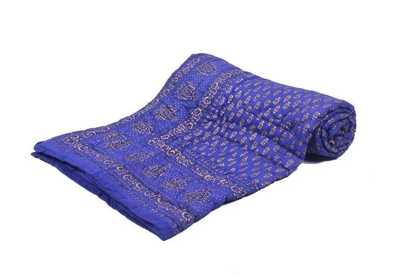 Lilfly Rajasthani Cotton Filled Light Weight Cotton Single Bed Soft Jaipuri AC Quilt/Razai Dohar Floral Print Design with Gold Print Quilts Blankets for Home (Size 55X85 inch) - Blue - Image 2
