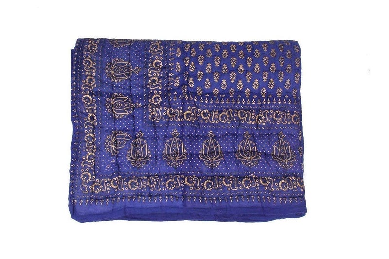 Lilfly Rajasthani Cotton Filled Light Weight Cotton Single Bed Soft Jaipuri AC Quilt/Razai Dohar Floral Print Design with Gold Print Quilts Blankets for Home (Size 55X85 inch) - Blue - Image 1