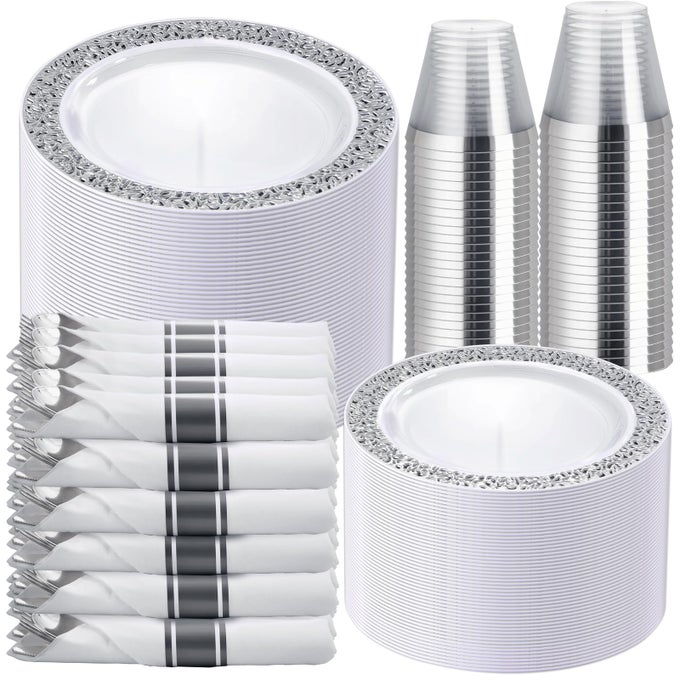 350 PIECES SILVER DISPOSABLE PLASTIC DINNERWARE SILVER LACE PLATES FOR WEDDING PARTY INCLUDES50 DINNER PLATES 50 DESSERT PLATES 50 CUPS 50 PRE ROLLED NAPKINS WITH SILVER CUTLERY