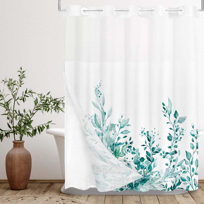 Tititex No Hooks Snap في بطانة Teal Teal Eucalyptus أوراق الستار دش مجموعات فندق فاخر طبقات مزدوجة النسيج ومقاوم للماء ونافذة أعلى حمام الحمام 72x72 بوصة - Image 1