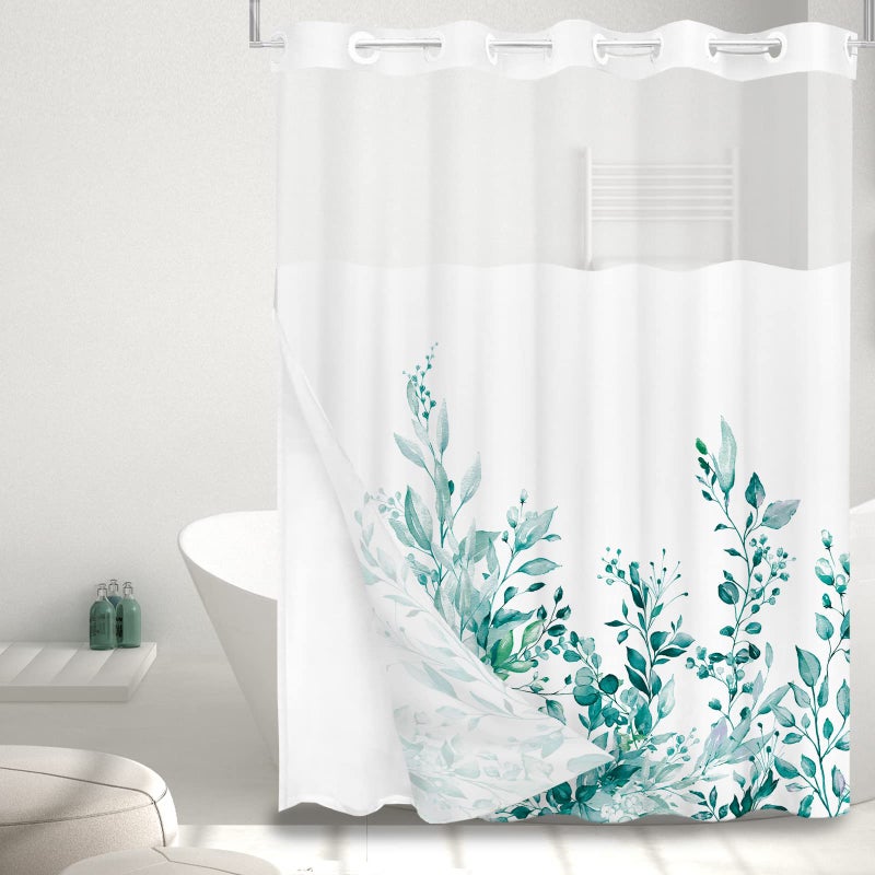 Tititex No Hooks Snap في بطانة Teal Teal Eucalyptus أوراق الستار دش مجموعات فندق فاخر طبقات مزدوجة النسيج ومقاوم للماء ونافذة أعلى حمام الحمام 72x72 بوصة - Image 2