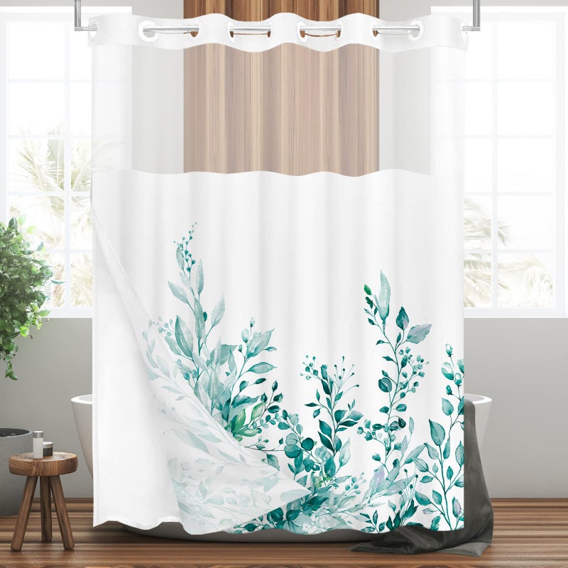 Tititex No Hooks Snap في بطانة Teal Teal Eucalyptus أوراق الستار دش مجموعات فندق فاخر طبقات مزدوجة النسيج ومقاوم للماء ونافذة أعلى حمام الحمام 72x72 بوصة - Image 3