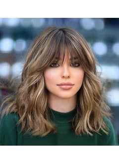 SEVENCOLORS SEVENCOLORS Short Brown Bob Wigs with Bangs Medium Length Wavy Curly Wigs for White Women Synthetic Hair Mixed Blonde Wig with Highlights 