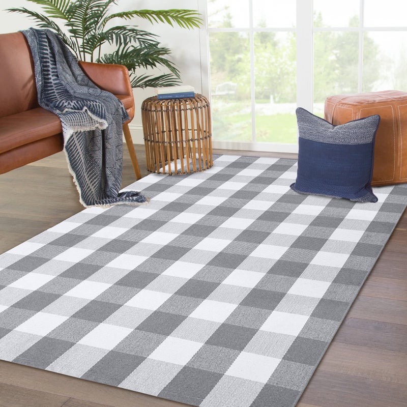 KOZYFLY Buffalo Plaid Area Rug 4 x 6 Ft Gray and White Checkered Rug Washable Outdoor Rugs Cotton Rugs for Bedroom Front Door Mat Carpet for Front Porch Living Room Dining Room Kitchen