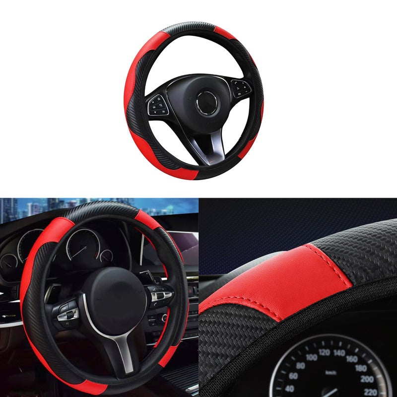 Tioollev Car Steering Wheel Cover 15 inch Carbon Fiber Microfiber PU Leather Elastic Steering Wheel Protector for Men WomenUniversal Durable Car Decorative Fit for Most Cars Trucks SVU Red - Image 3