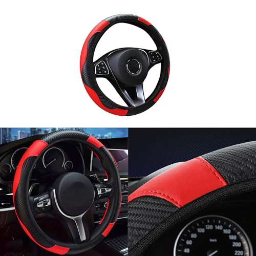 Tioollev Car Steering Wheel Cover 15 inch Carbon Fiber Microfiber PU Leather Elastic Steering Wheel Protector for Men WomenUniversal Durable Car Decorative Fit for Most Cars Trucks SVU Red - Image 1