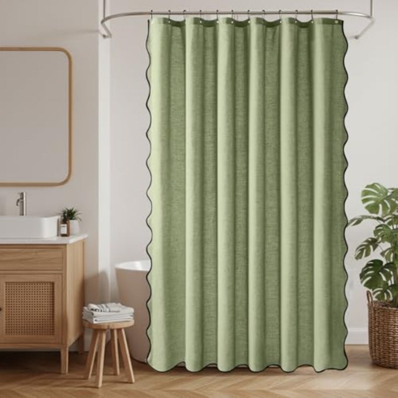Linen Shower Curtain, Scalloped Bathroom Curtain with 12 Metal Hooks, Boho Heavy Duty Washable Waterproof Thick Cloth Shower Curtains Liner with Black Border for Bathroom Hotel Bathtubbaihuo - Image 2