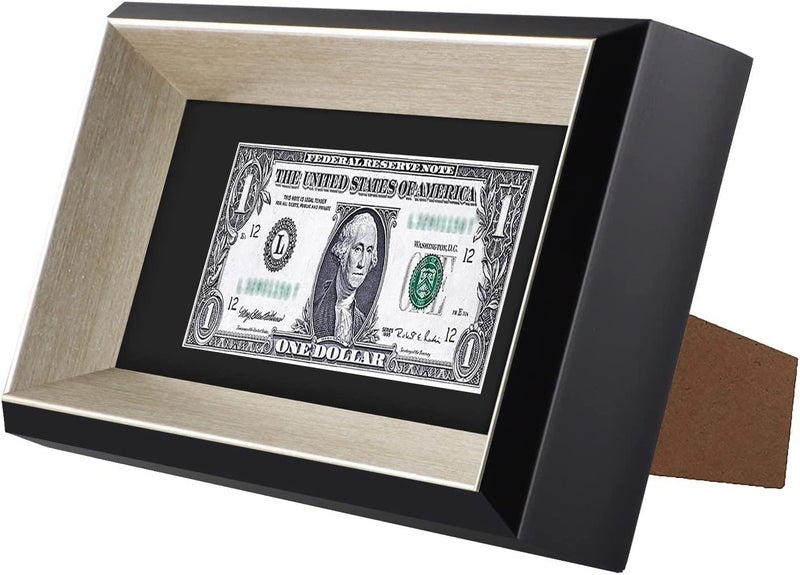 Space Art Deco,4x9 Dollar Bill Frame with Mat, Easel Stand for Tabletop or D-Ring Hangers Wall Mounting (Black/Silver,1-Pack) - Image 2