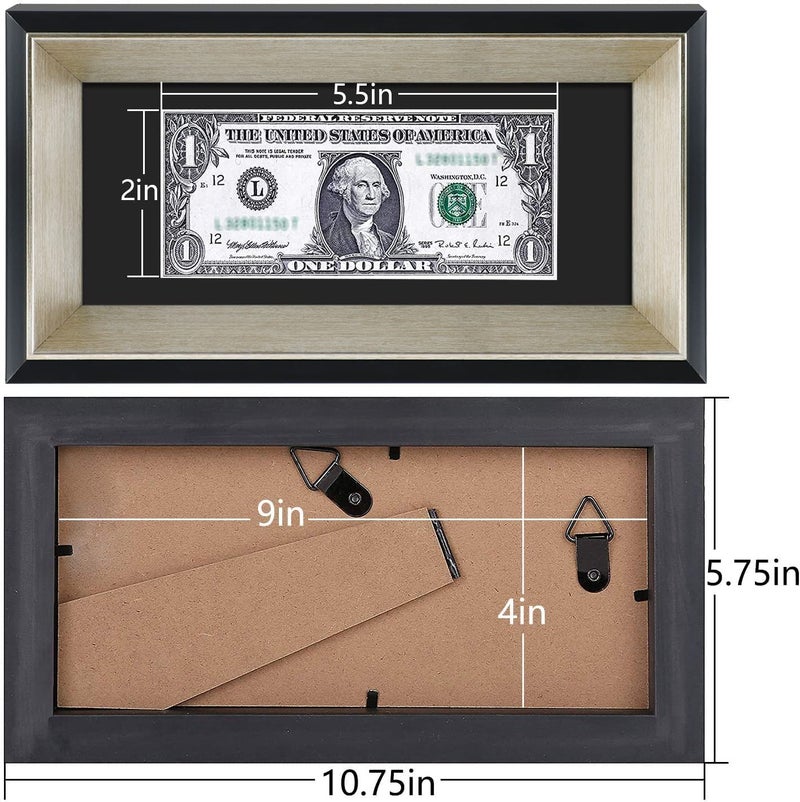Space Art Deco,4x9 Dollar Bill Frame with Mat, Easel Stand for Tabletop or D-Ring Hangers Wall Mounting (Black/Silver,1-Pack) - Image 3