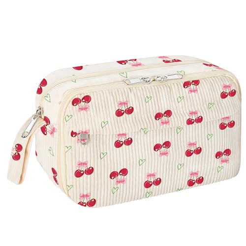 WOBAGMEN Cute Pencil Case for Girls,Large Corduroy Zippered Pencil Case Pouch, aesthetic Pencil Bag with Compartments, Soft Pencil Pouch School Supplies for Teen Girls Boys and Women(cherry) - Image 1